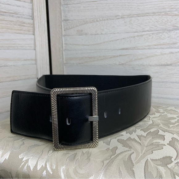 None Accessories - Minimalist Silver Rectangle Buckle Wide Faux Leather Black Stretch Belt